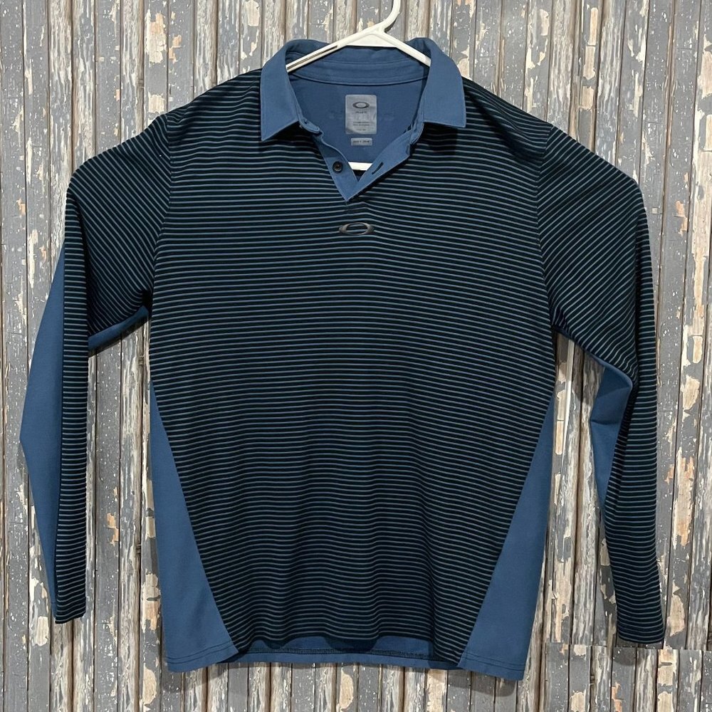 Oakley Polo Long Sleeve Regular Fit Cotton Blend Striped Blue Mens Small